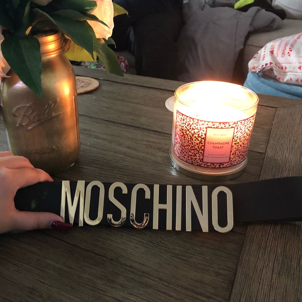 Moschino Black Leather Gold Logo Belt